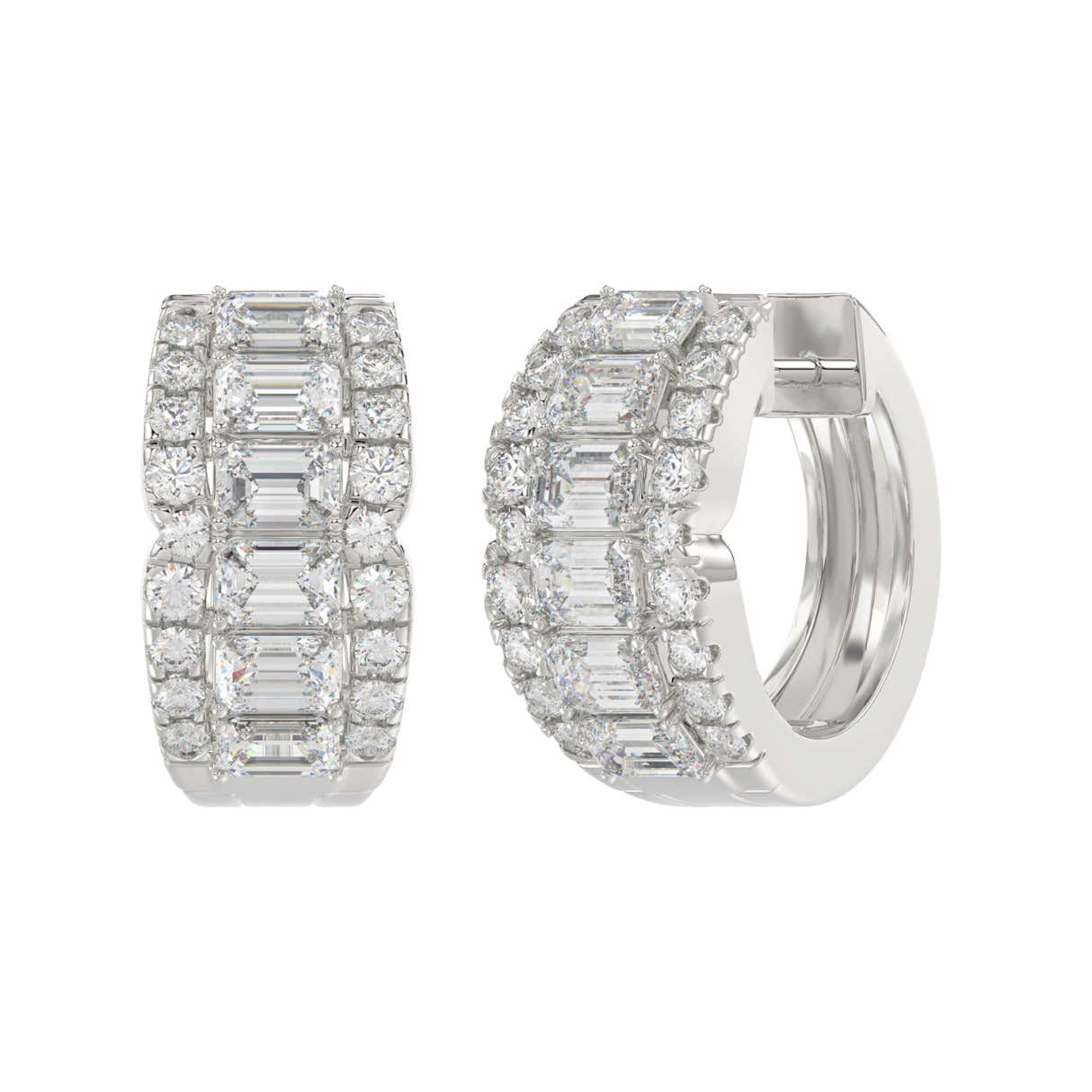 14K WHITE GOLD 1 3/4CT ROUND/EMERALD DIAMOND HOOP EARRINGS