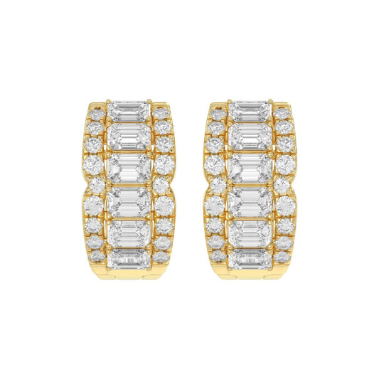14K YELLOW GOLD 1 3/4CT ROUND/EMERALD DIAMOND HOOP EARRINGS