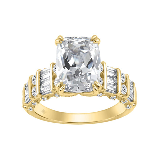 14K Yellow Gold Cushion Lab Grown Diamond Engagement Ring 5.00Ct With 4.00Ct Cushion Center Stone & Round/Baguette Side Stones (Color F-G Clarity Vs1/Vs2)