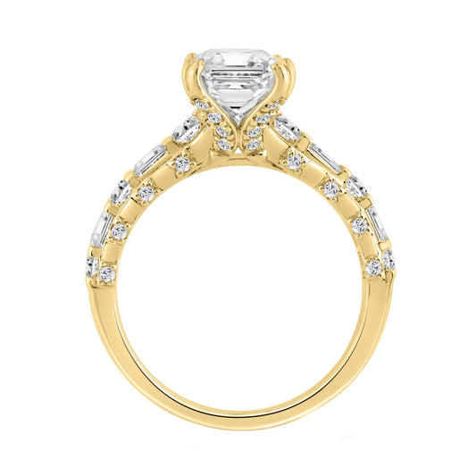 14K Yellow Gold Cushion Lab Grown Diamond Engagement Ring 5.00Ct With 4.00Ct Cushion Center Stone & Round/Baguette Side Stones (Color F-G Clarity Vs1/Vs2)