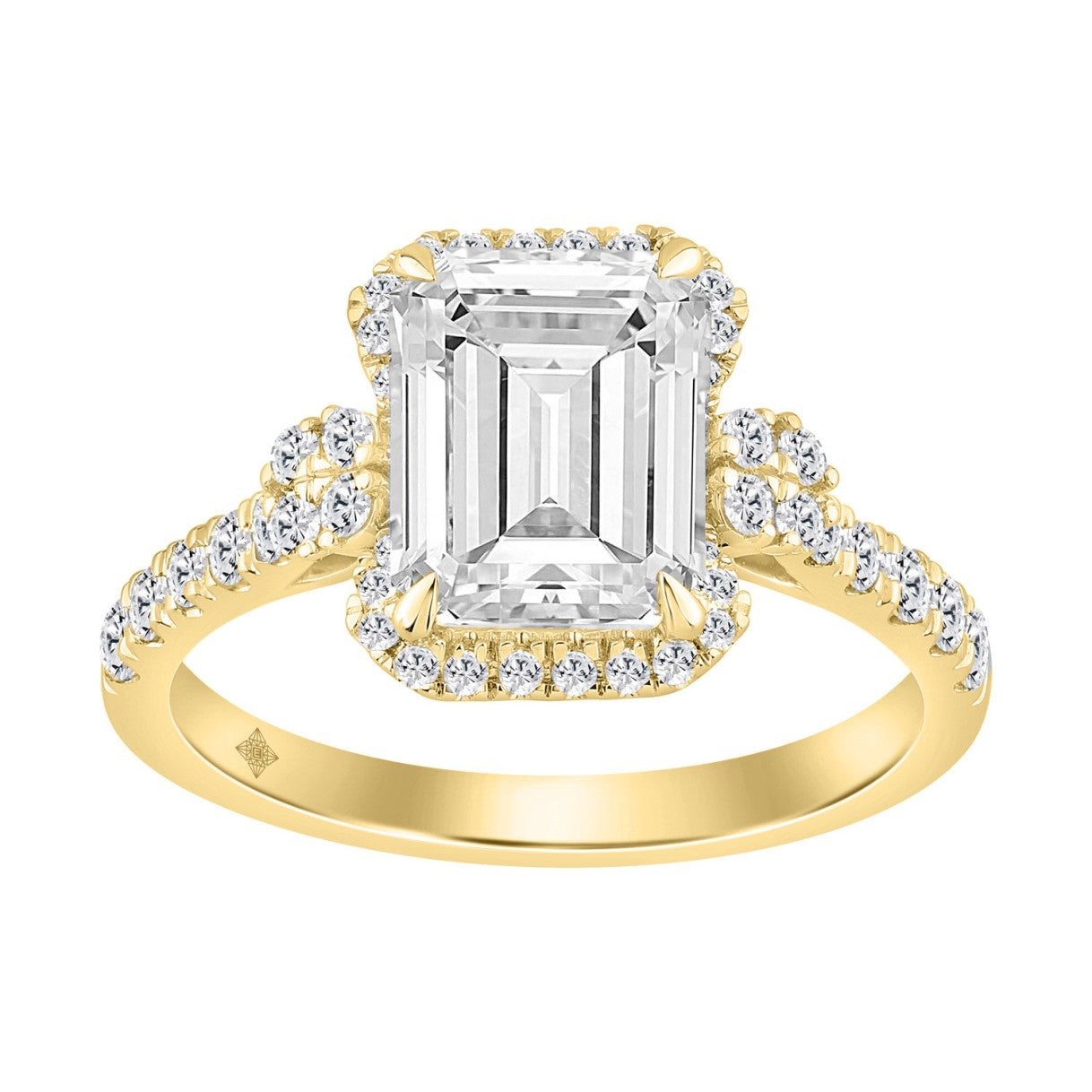 14K Yellow Gold 3 1/2Ct Emerald & Round Lab-Grown Diamond Halo Bridal Ring For Women Luxury Engagement Ring 3Ct Emerald Center Stone (Color F-G -Clarity Vs1/Vs2)