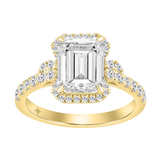 14K Yellow Gold 3 1/2Ct Emerald & Round Lab-Grown Diamond Halo Bridal Ring For Women Luxury Engagement Ring 3Ct Emerald Center Stone (Color F-G -Clarity Vs1/Vs2)