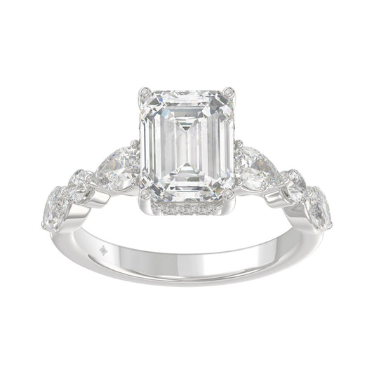 14K White Gold Emerald Cut Diamond Classic Bridal Ring for Ladies 4.00CT with Pear Round &amp; Marquise Diamond 3.00CT Emerald Center stone (Color F-G -Clarity VS1/VS2)