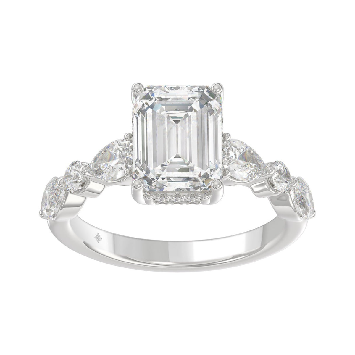 14K White Gold Emerald Cut Diamond Classic Bridal Ring for Ladies 4.00CT with Pear Round &amp; Marquise Diamond 3.00CT Emerald Center stone (Color F-G -Clarity VS1/VS2)