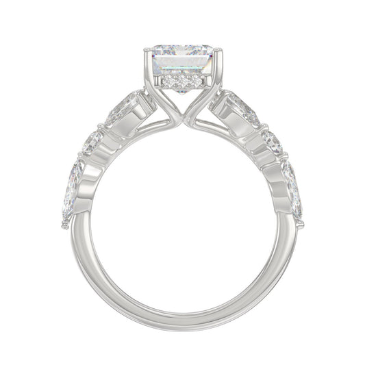 14K White Gold Emerald Cut Diamond Classic Bridal Ring for Ladies 4.00CT with Pear Round &amp; Marquise Diamond 3.00CT Emerald Center stone (Color F-G -Clarity VS1/VS2)