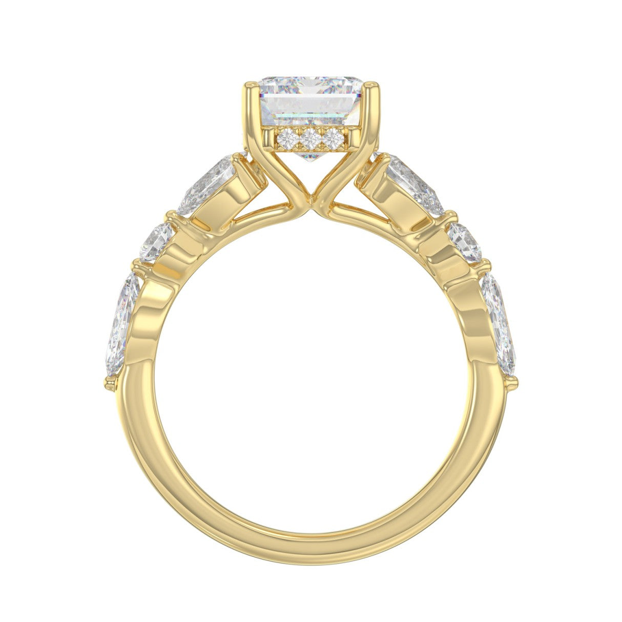 14K Yellow Gold Emerald Cut Diamond Classic Bridal Ring for Ladies 4.00CT with Pear Round &amp; Marquise Diamond 3.00CT Emerald Center stone (Color F-G -Clarity VS1/VS2)