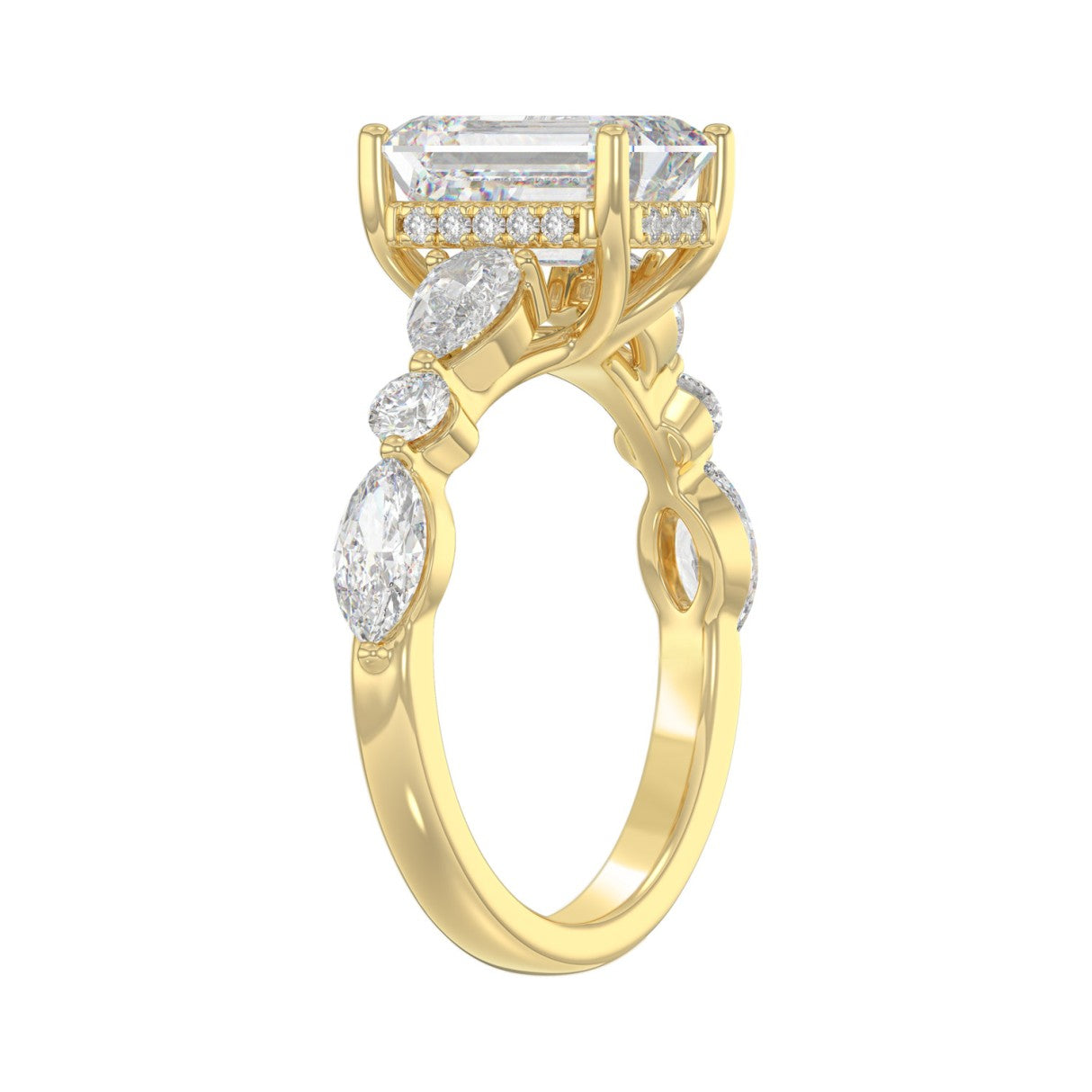 14K Yellow Gold Emerald Cut Diamond Classic Bridal Ring for Ladies 4.00CT with Pear Round &amp; Marquise Diamond 3.00CT Emerald Center stone (Color F-G -Clarity VS1/VS2)