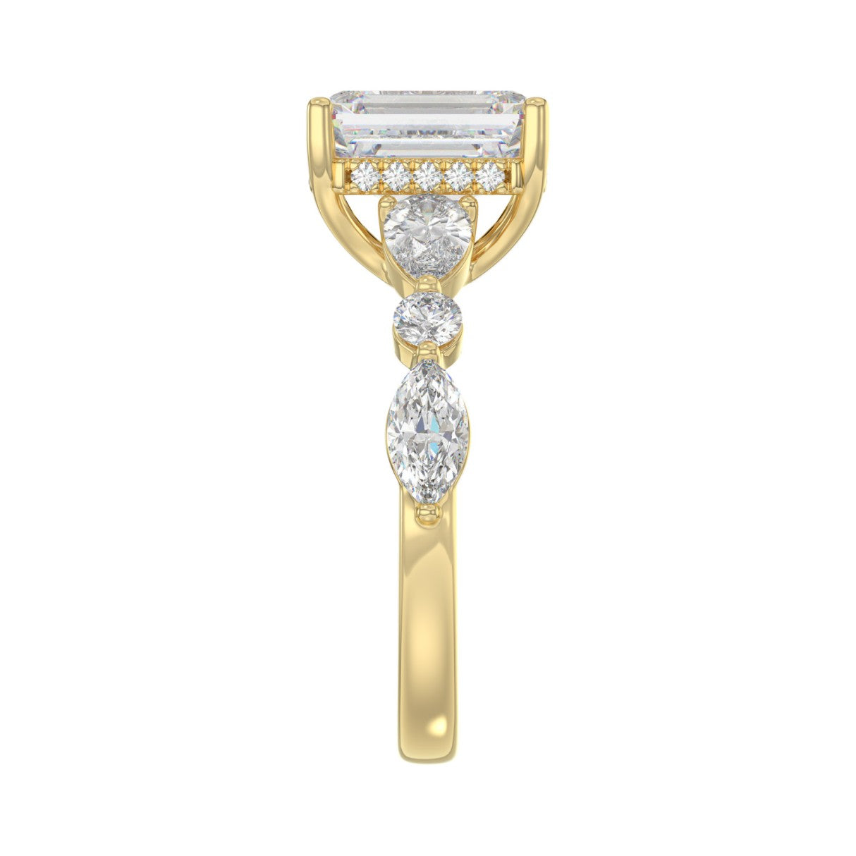 14K Yellow Gold Emerald Cut Diamond Classic Bridal Ring for Ladies 4.00CT with Pear Round &amp; Marquise Diamond 3.00CT Emerald Center stone (Color F-G -Clarity VS1/VS2)