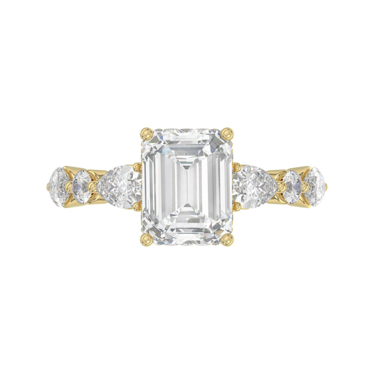 14K Yellow Gold Emerald Cut Diamond Classic Bridal Ring for Ladies 4.00CT with Pear Round &amp; Marquise Diamond 3.00CT Emerald Center stone (Color F-G -Clarity VS1/VS2)