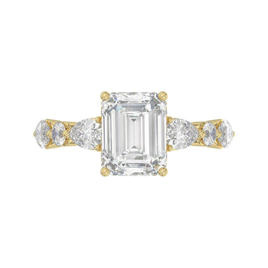 14K Yellow Gold Emerald Cut Diamond Classic Bridal Ring for Ladies 4.00CT with Pear Round &amp; Marquise Diamond 3.00CT Emerald Center stone (Color F-
