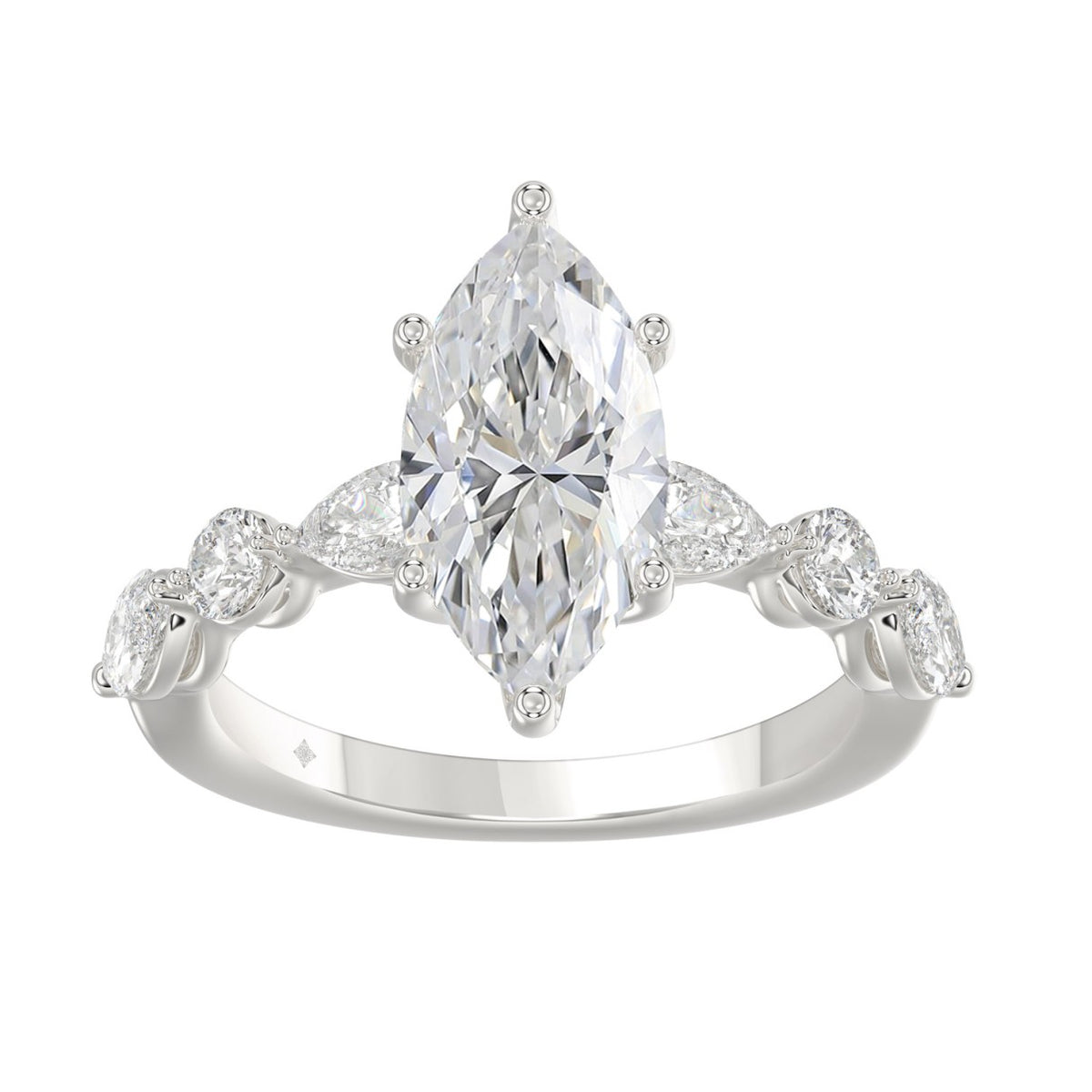 14K White Gold  Bridal Fashion Ring for Ladies 4CT Round &amp; Marquise&amp; Pear Cut Diamonds 3.00CT Marquise Center stone (Color F-G -Clarity VS1/VS2)