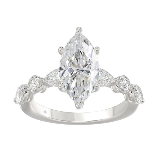 14K White Gold  Bridal Fashion Ring for Ladies 4CT Round &amp; Marquise&amp; Pear Cut Diamonds 3.00CT Marquise Center stone (Color F-G -Clarity VS1/VS2)