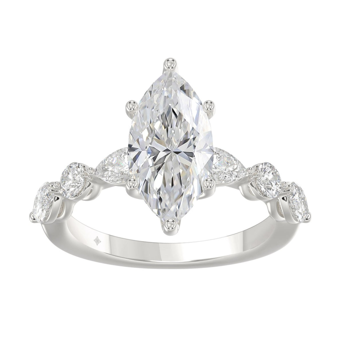 14K White Gold  Bridal Fashion Ring for Ladies 4CT Round &amp; Marquise&amp; Pear Cut Diamonds 3.00CT Marquise Center stone (Color F-G -Clarity VS1/VS2)