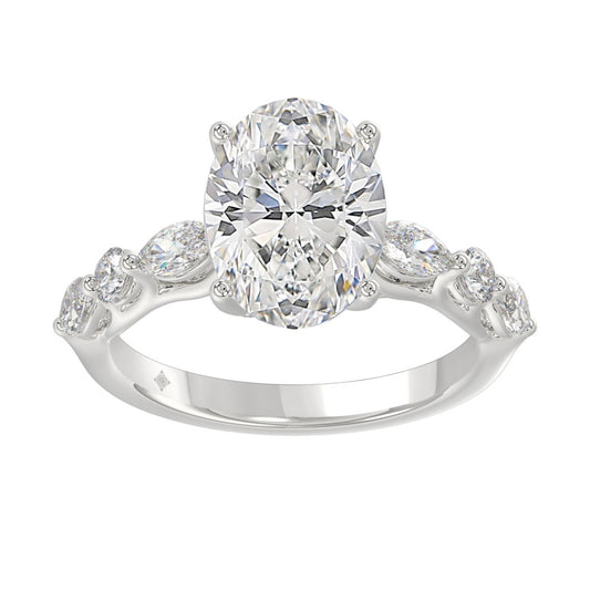 Elegant 14K White Gold  Bridal Fancy Ring for Ladies 3 3/4CT Round &amp; Marquise&amp; Oval Cut Diamonds 3.00CT Center stone (Color F-G -Clarity VS1/VS2)
