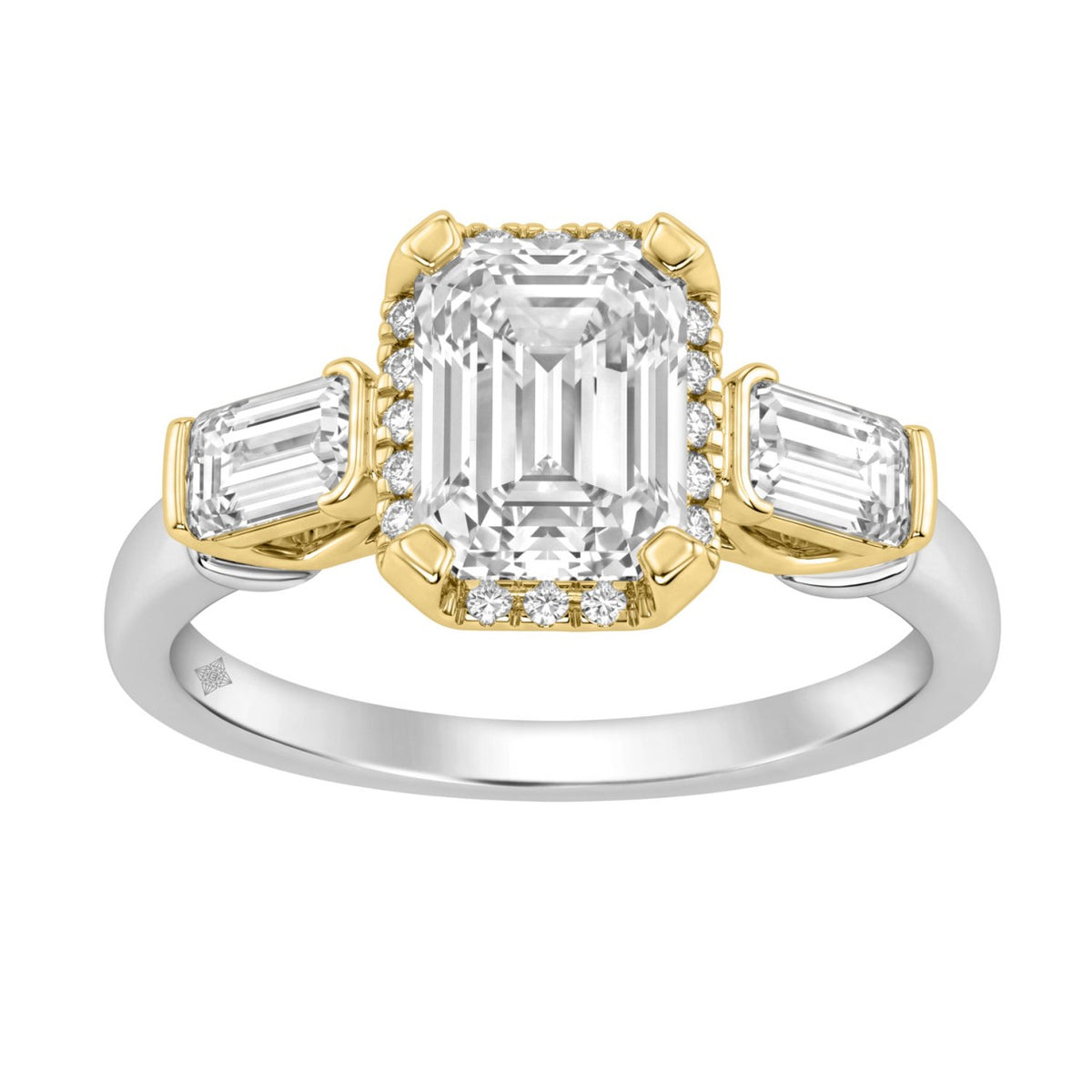 14K White/Yellow Gold 2 3/4Ct Round & Emerald Cut Lab-Grown Diamond Three-Stone Ladies Engagement Bridal Ring 2Ct Emerald Center Stone (Color F-G -Clarity Vs1/Vs2)