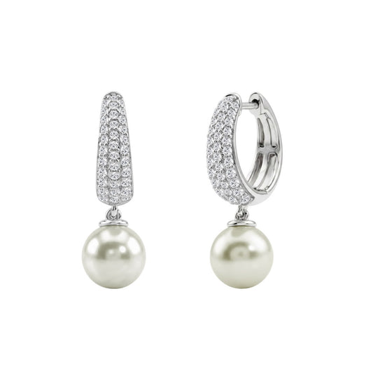 10K White Gold 1/2 Ct Round Diamond &amp; Pearl Hoop Earrings For Women  Classic Pear Shape Drop Fine Jewelry (Color F-G Clarity Vs1/Vs2)