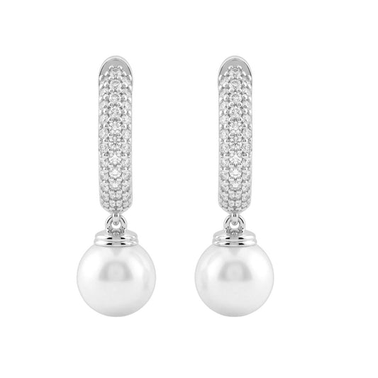 Freshwater Pearl Drop Hoop Ladies Earrings With 1/3Ct Round Diamond Accents In 10K White Gold