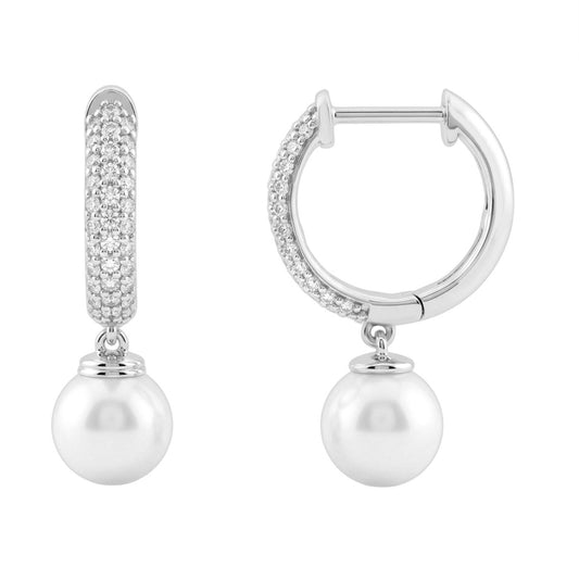 Freshwater Pearl Drop Hoop Ladies Earrings With 1/3Ct Round Diamond Accents In 10K White Gold