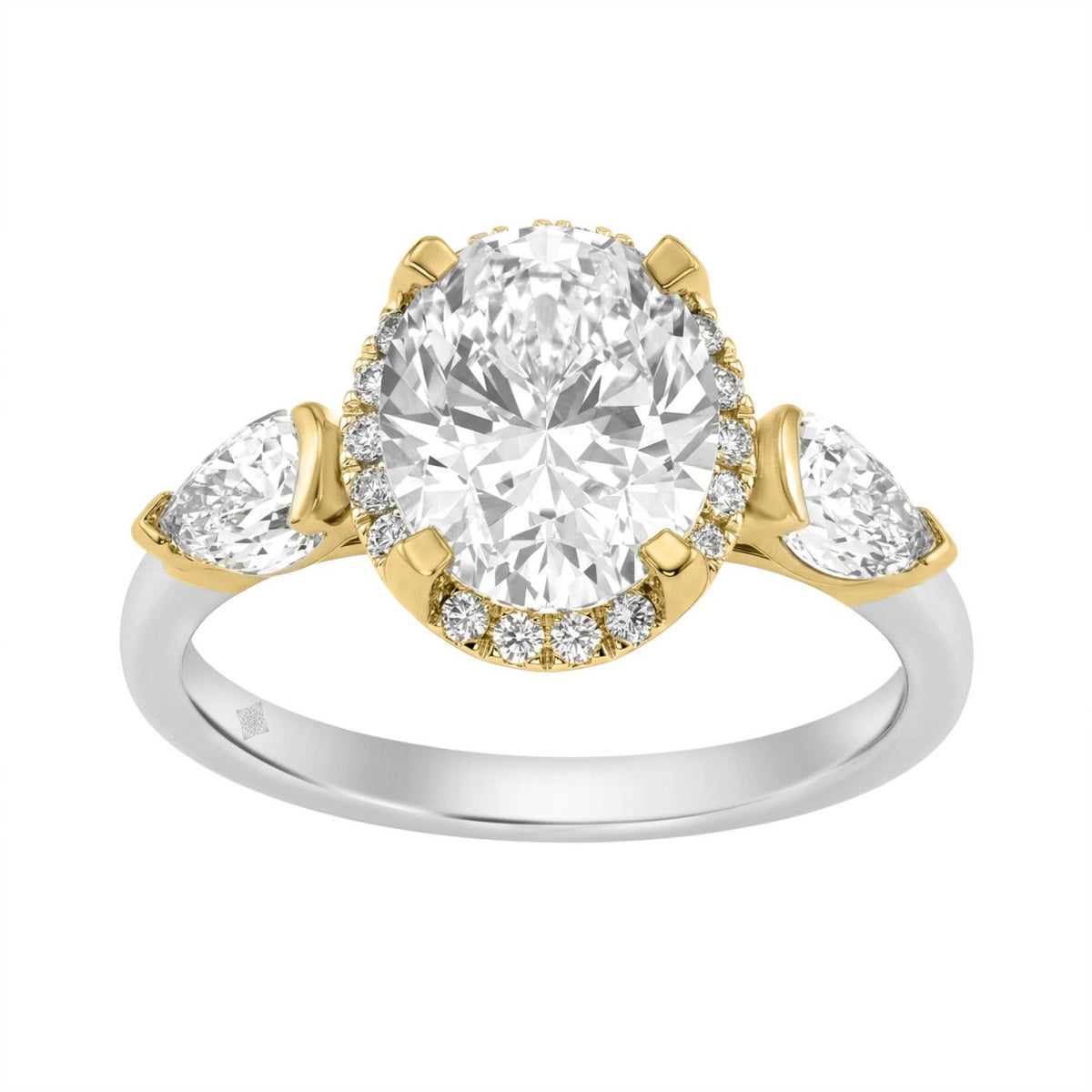 2 3/4Ct Oval Center Stone Round Diamond Three-Stone Ladies Bridal Ring With Pear Side Stones In 14K White/Yellow Gold (Color F-G -Clarity Vs1/Vs2)