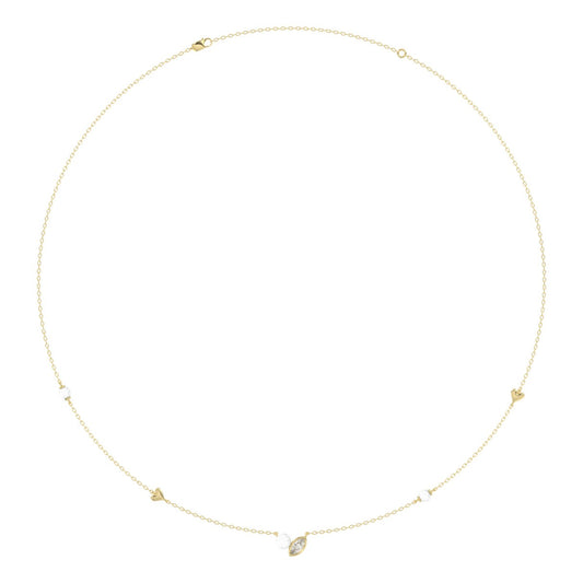 10K Yellow Gold Pearl &amp; Ladies Necklace 1/5CT  Marquise Diamonds (Color F-G -Clarity VS1/VS2)