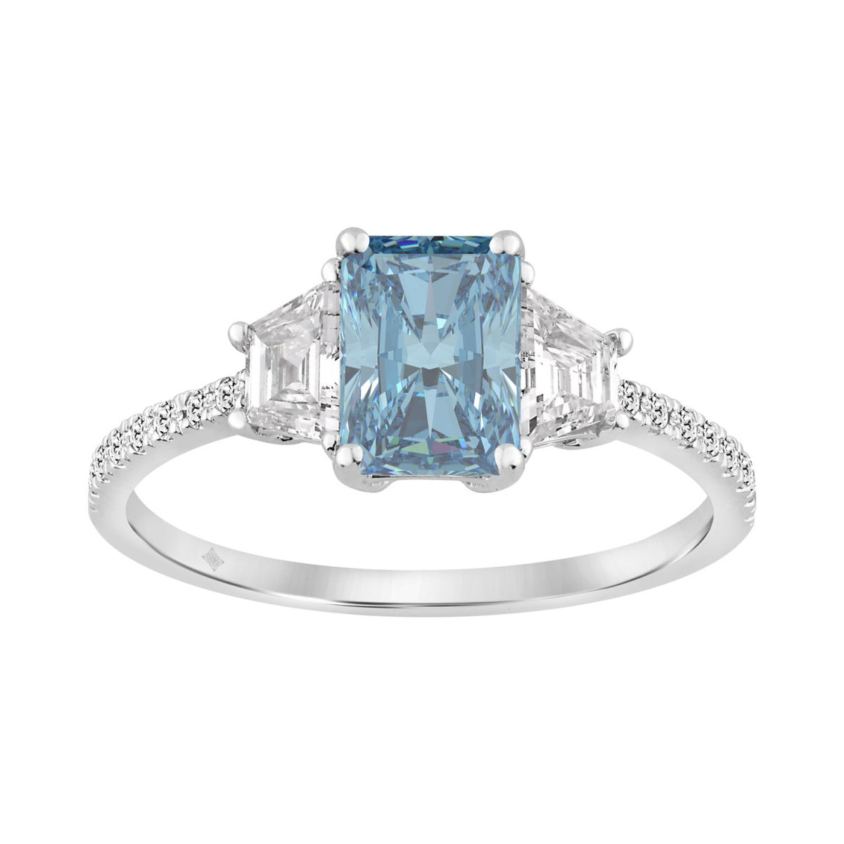 14K White Gold  1 1/2CT Trapezoid/Round/Radiant Cut Blue Diamond Three-Stone Engagement  Ladies Ring 1.00CT Radiant Center stone (Color F-G -Clarity V