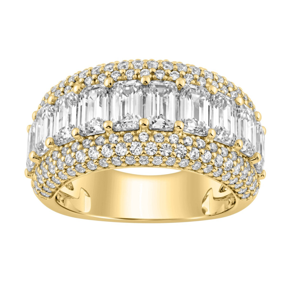 Elegant 14K Yellow Gold Ladies Ladies Ring 3 1/4Ct Round & Emerald Cut Diamonds