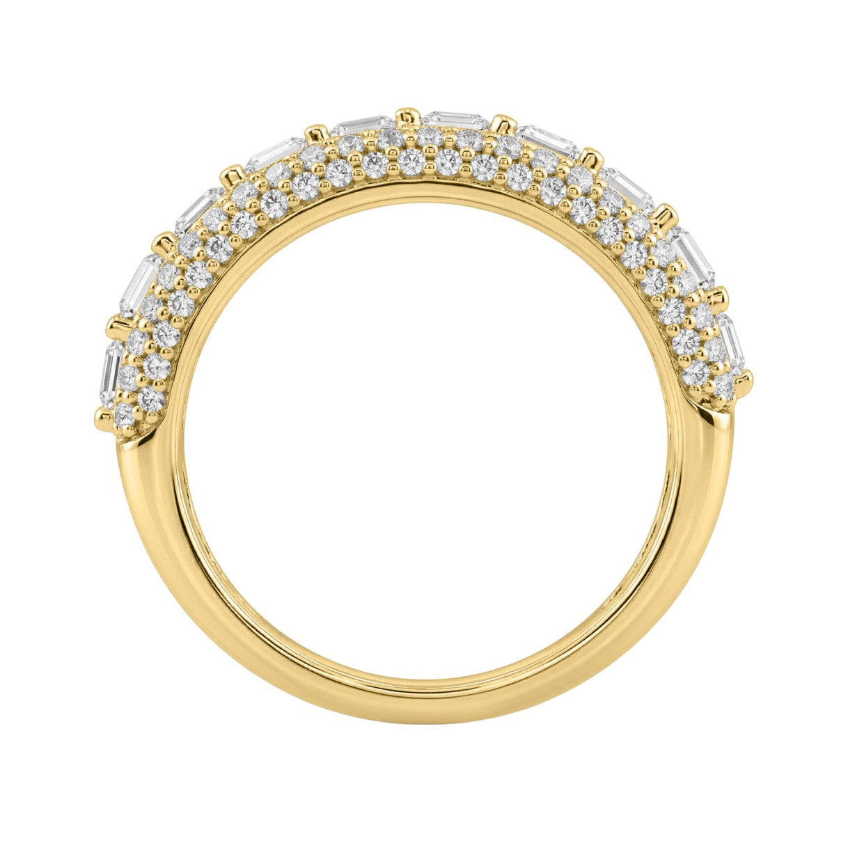 Elegant 14K Yellow Gold Ladies Ladies Ring 3 1/4Ct Round & Emerald Cut Diamonds