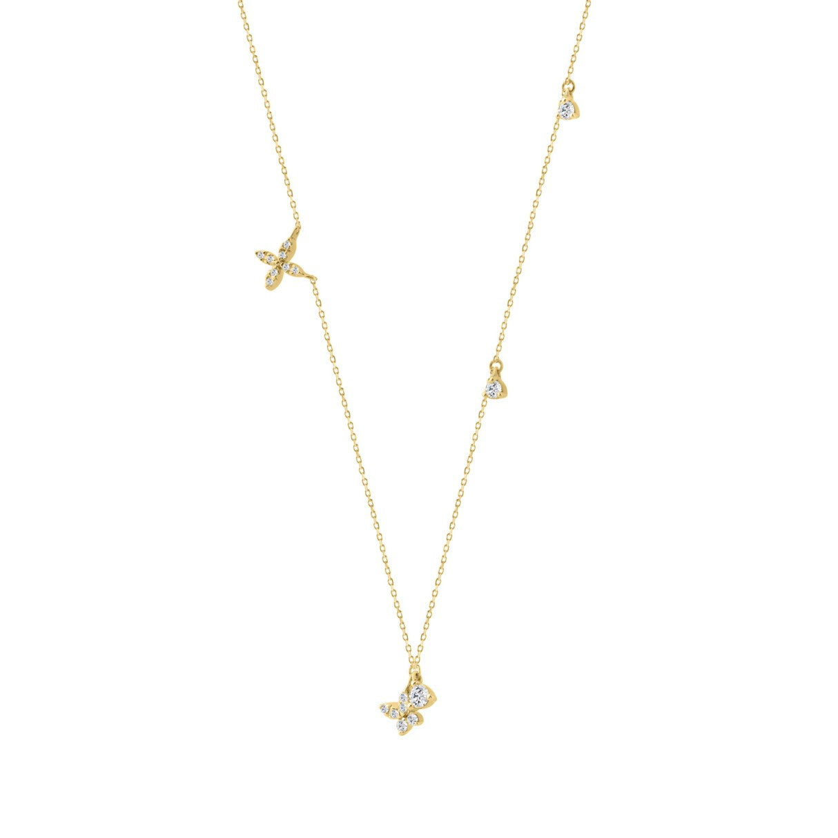 Elegant 10K Yellow Gold 1/3Ct Ladies Necklace Round Diamond Accents Butterfly And Star Charms