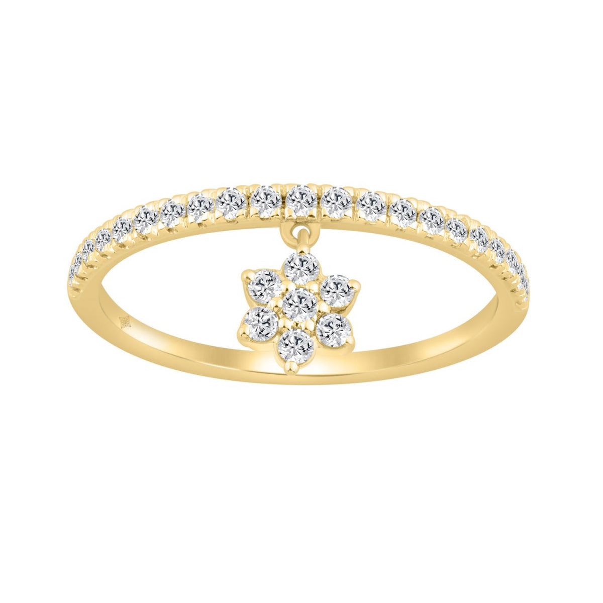 Elegant 10K Yellow Gold 1/4Ct Ladies Ring With Round Diamond Accents And Dangling Flower Charm