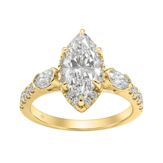 Luxury 14K Yellow Gold 3.00 Ct Marquise, Oval And Round Diamond Halo Bridal Engagement Ring For Women 2Ct Marquise Center Stone (Color F-G -Clarity Vs1/Vs2)