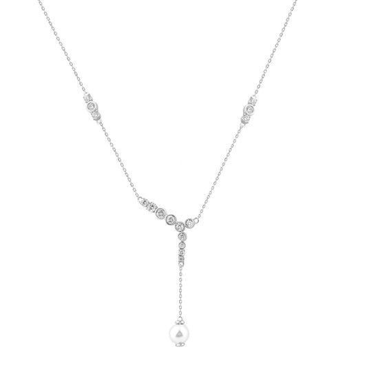 14K White Gold Pearl Drop Necklace For 1/2Ct Round Diamond Luxury Ladies Jewelry (Color F-G -Clarity Vs1/Vs2)