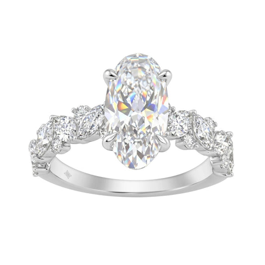 14K White Gold 3.00Ct Diamond Engagement Ring For Women 2.00Ct Elongated Oval Center Stone With Marquise & Round Side Stones, Luxury Bridal Ring (Color F-G -Clarity Vs1/Vs2)