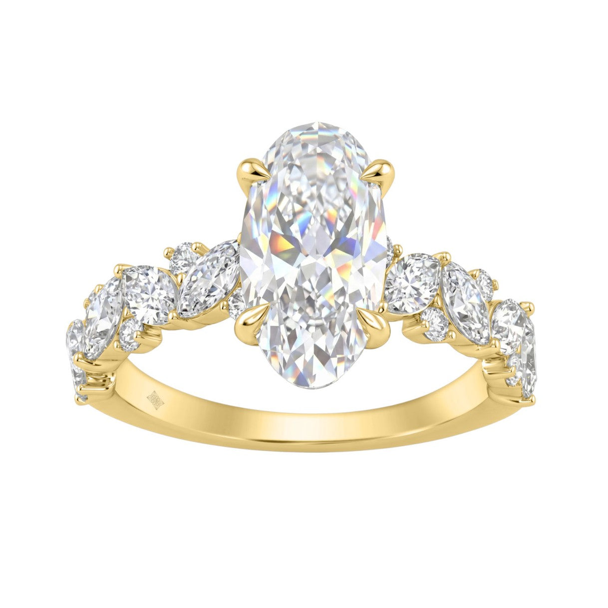 14K Yellow Gold 3.00Ct Diamond Engagement Ring For Women 2.00Ct Elongated Oval Center Stone With Marquise & Round Side Stones, Luxury Bridal Ring (Color F-G -Clarity Vs1/Vs2)