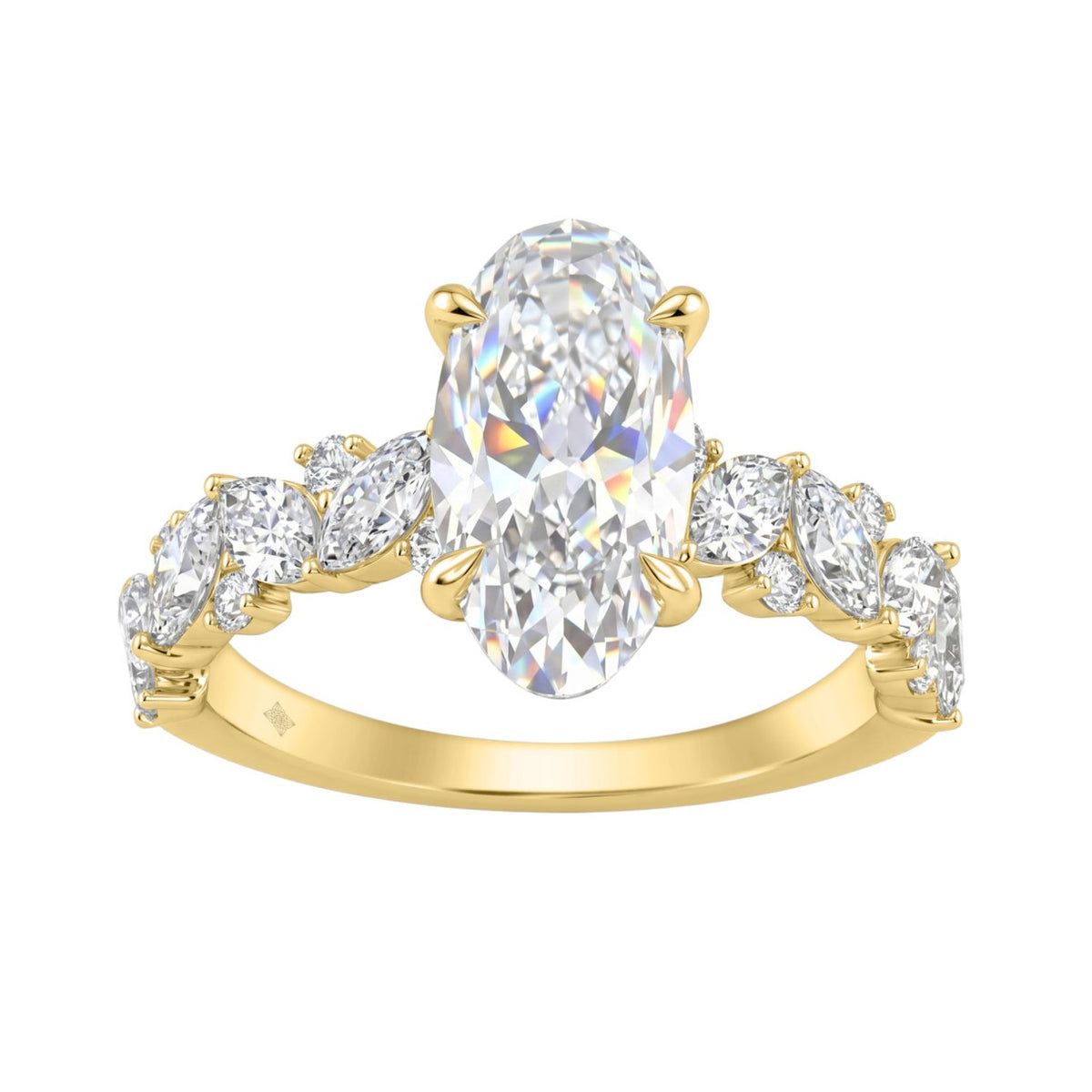 14K Yellow Gold 3.00Ct Diamond Engagement Ring For Women 2.00Ct Elongated Oval Center Stone With Marquise & Round Side Stones, Luxury Bridal Ring (Color F-G -Clarity Vs1/Vs2)