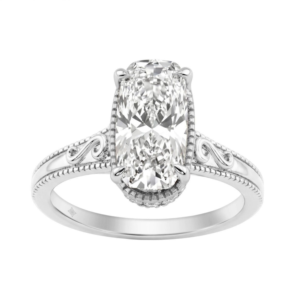LADIES 14K White Gold 2 1/6Ct Diamond Engagement Ring Elongated Cushion Cut Center With Round Side Stones, Elegant Fine Ring 2Ct Cushion Center Stone (Color F-G -Clarity Vs1/Vs2)