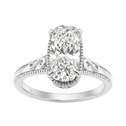 LADIES 14K White Gold 2 1/6Ct Diamond Engagement Ring Elongated Cushion Cut Center With Round Side Stones, Elegant Fine Ring 2Ct Cushion Center Stone (Color F-G -Clarity Vs1/Vs2)