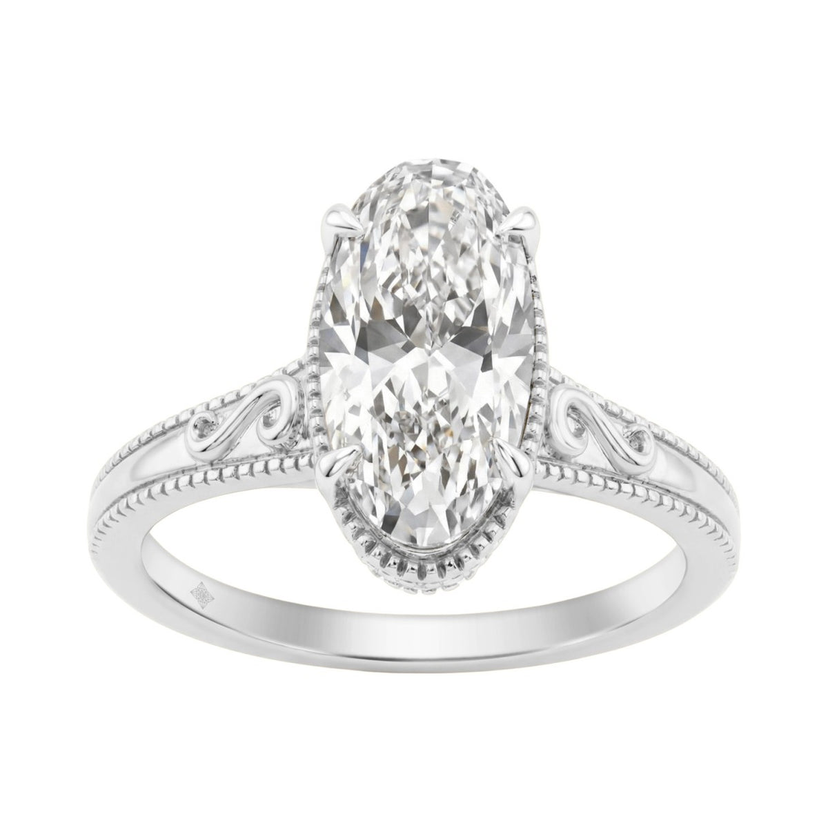 LADIES 14K White Gold 2 1/6Ct Diamond Engagement Ring Elongated Oval Cut Center With Round Side Stones, Elegant Fine Ring 2Ct Oval Center Stone (Color F-G -Clarity Vs1/Vs2)