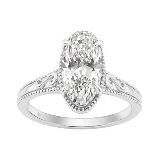 LADIES 14K White Gold 2 1/6Ct Diamond Engagement Ring Elongated Oval Cut Center With Round Side Stones, Elegant Fine Ring 2Ct Oval Center Stone (Color F-G -Clarity Vs1/Vs2)