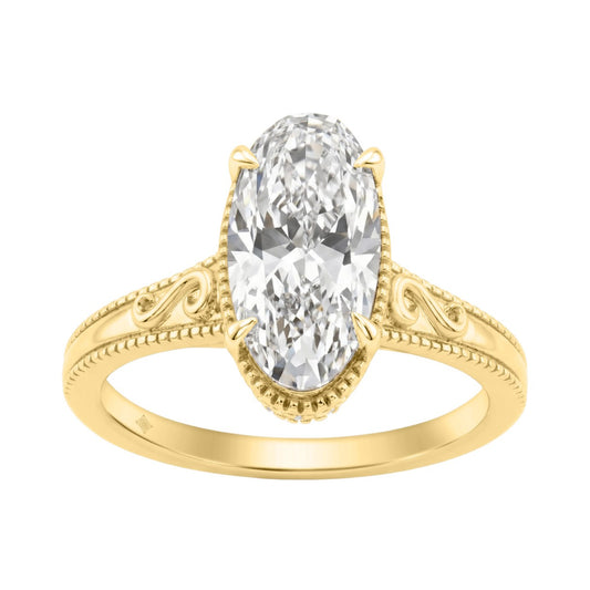 LADIES 14K Yellow Gold 2 1/6Ct Diamond Engagement Ring Elongated Oval Cut Center With Round Side Stones, Elegant Fine Ring 2Ct Oval Center Stone (Color F-G -Clarity Vs1/Vs2)