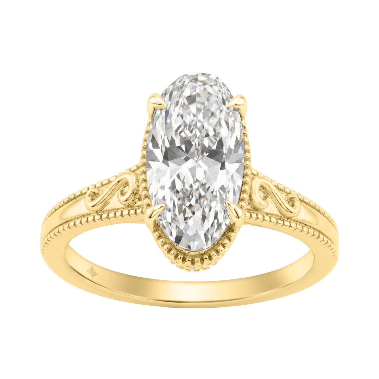 LADIES 14K Yellow Gold 2 1/6Ct Diamond Engagement Ring Elongated Oval Cut Center With Round Side Stones, Elegant Fine Ring 2Ct Oval Center Stone (Color F-G -Clarity Vs1/Vs2)