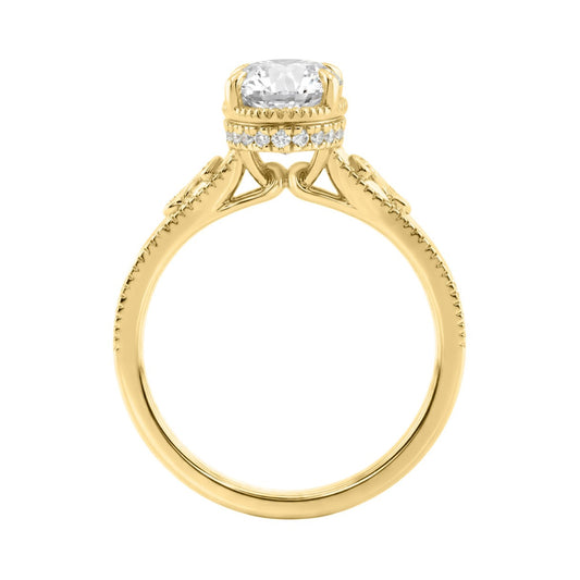 LADIES 14K Yellow Gold 2 1/6Ct Diamond Engagement Ring Elongated Oval Cut Center With Round Side Stones, Elegant Fine Ring 2Ct Oval Center Stone (Color F-G -Clarity Vs1/Vs2)