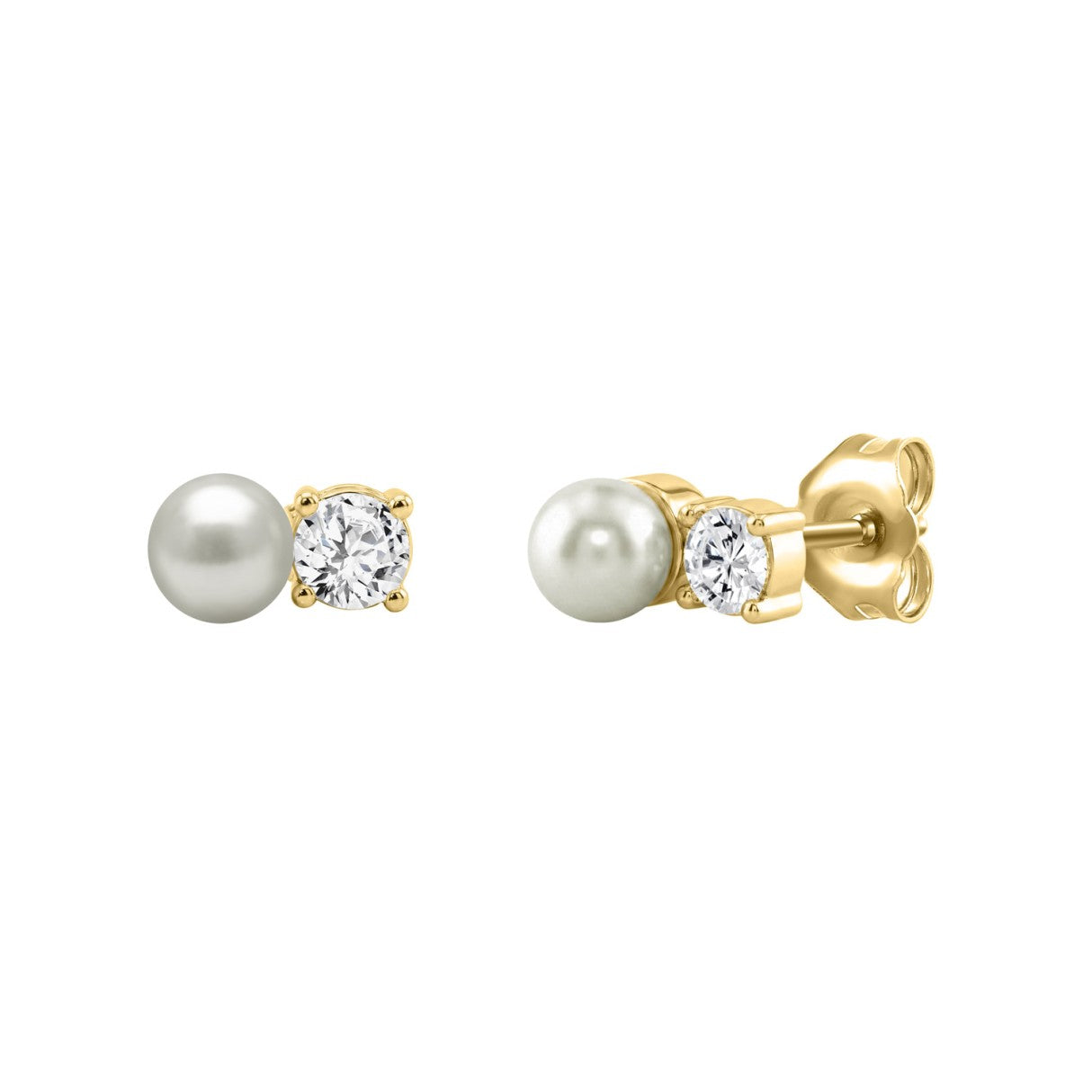 LADIES FASHION  EARRINGS 1/4CT ROUND DIAMOND & PEARL 10K YELLOW GOLD  (COLOR F-G  CLARITY VS1/VS2)