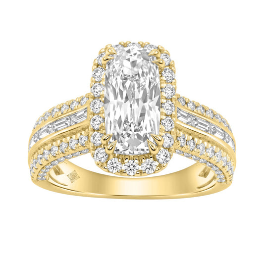 14K Yellow Gold 3.00 Ct Diamond Halo Engagement Ring For Women Elongated 2Ct Cushion Cut Center Stone With Round & Baguette Side Stones, Luxury Bridal Ring (Color F-G -Clarity Vs1/Vs2)