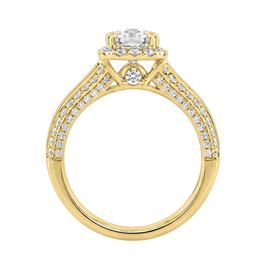 14K Yellow Gold 3.00 Ct Diamond Halo Engagement Ring For Women Elongated 2Ct Cushion Cut Center Stone With Round & Baguette Side Stones, Luxury Bridal Ring (Color F-G -Clarity Vs1/Vs2)