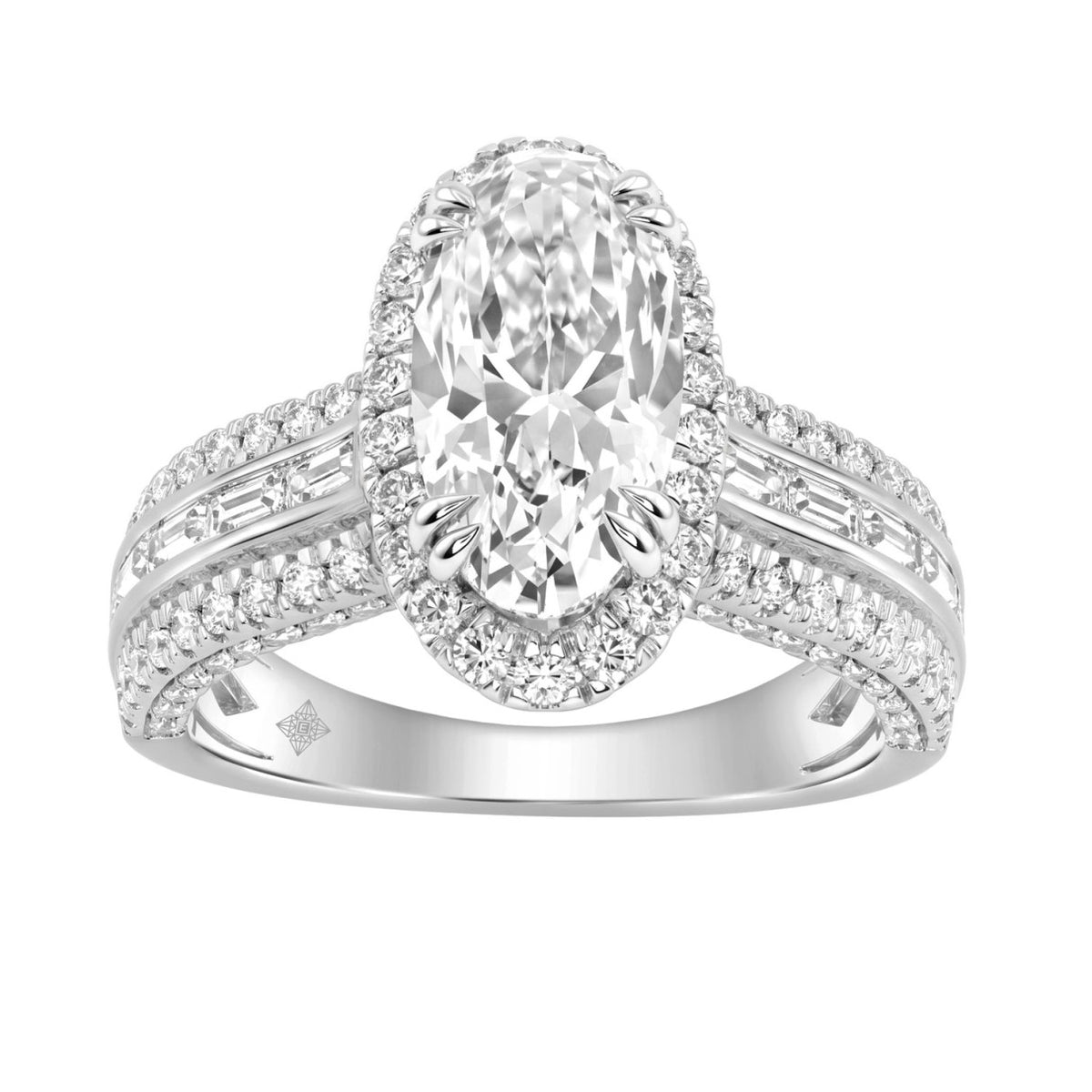 14K White Gold 3.00 Ct Diamond Halo Engagement Ring For Women Elongated 2Ct Oval Cut Center Stone With Round &amp; Baguette Side Stones, Luxury Bridal Ring (Color F-G -Clarity Vs1/Vs2)