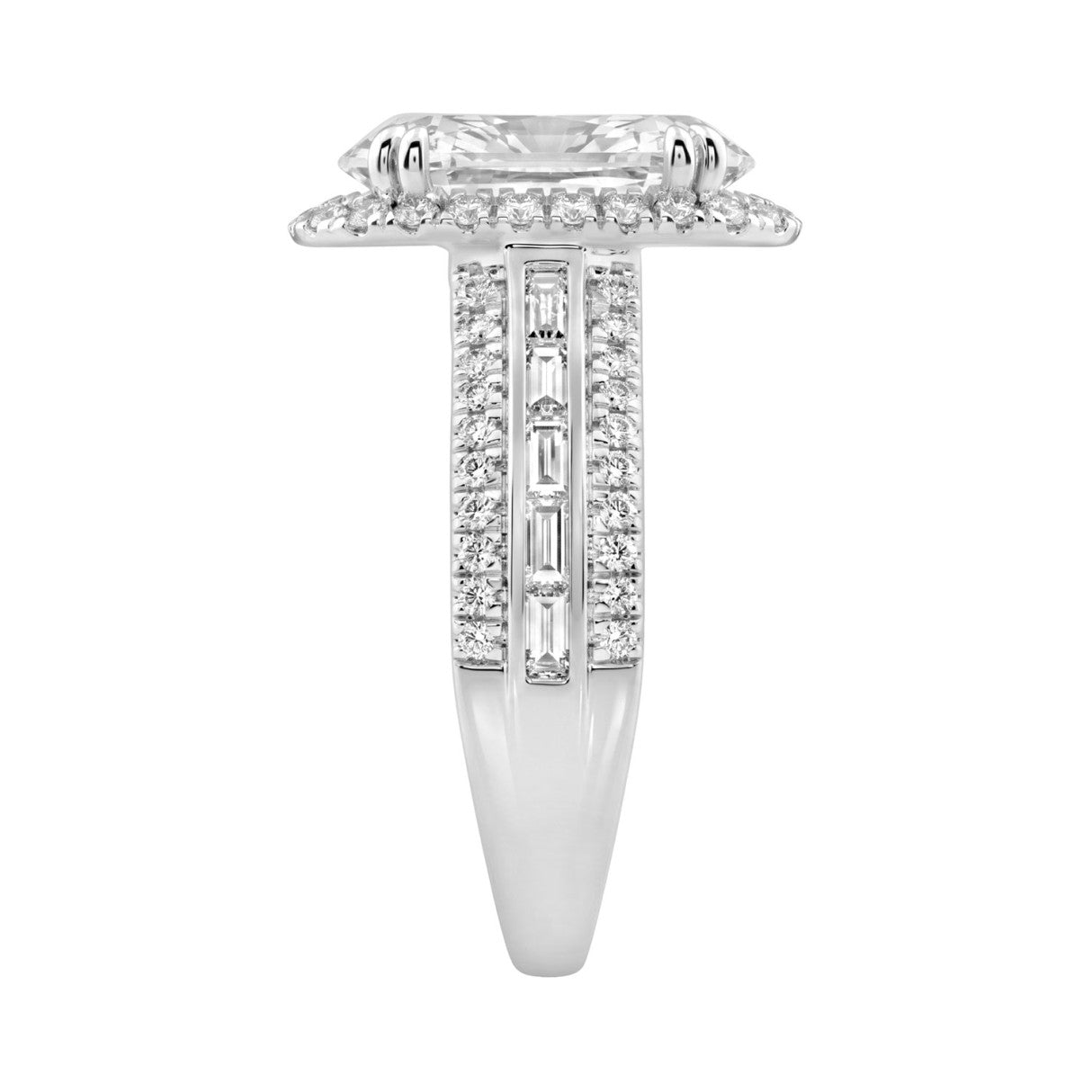 14K White Gold 3.00 Ct Diamond Halo Engagement Ring For Women Elongated 2Ct Oval Cut Center Stone With Round &amp; Baguette Side Stones, Luxury Bridal Ring (Color F-G -Clarity Vs1/Vs2)