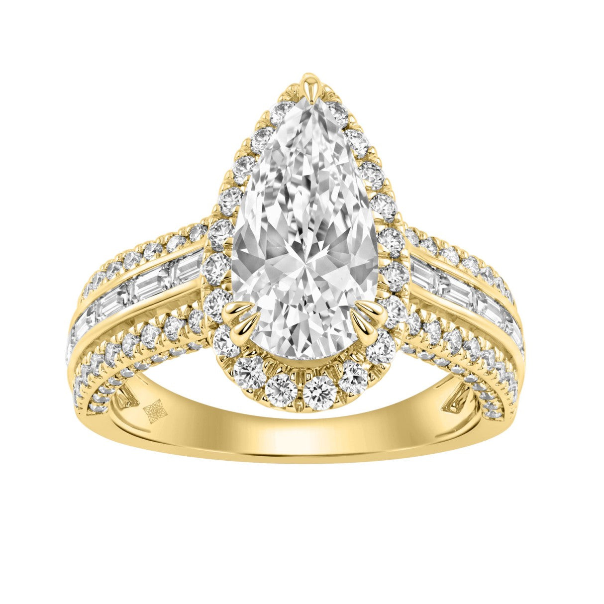 14K Yellow Gold 3.00 Ct Diamond Halo Engagement Ring For Women Elongated 2Ct Pear Cut Center Stone With Round & Baguette Side Stones, Luxury Bridal Ring (Color F-G -Clarity Vs1/Vs2)