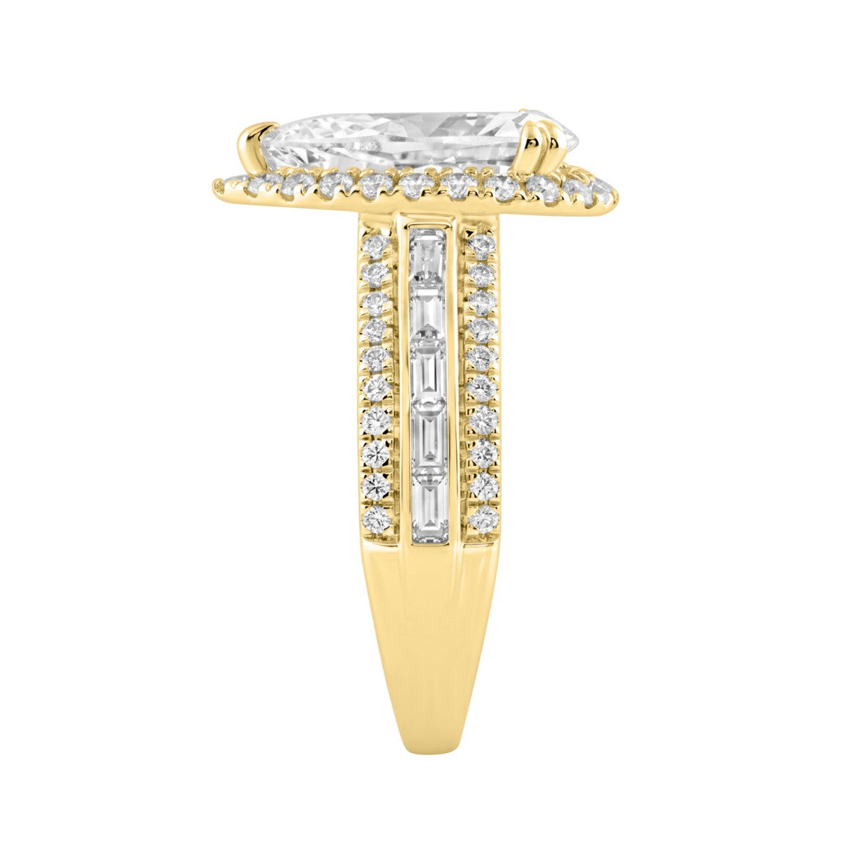 14K Yellow Gold 3.00 Ct Diamond Halo Engagement Ring For Women Elongated 2Ct Pear Cut Center Stone With Round & Baguette Side Stones, Luxury Bridal Ring (Color F-G -Clarity Vs1/Vs2)