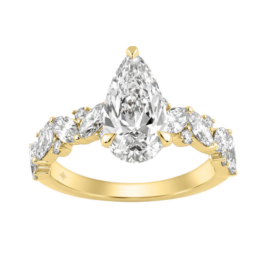 14K Yellow Gold 3.00 Ct Diamond Halo Engagement Ring For Women Elongated 2Ct Pear Cut Center Stone With Round &amp; Marquise Side Stones, Luxury Brida