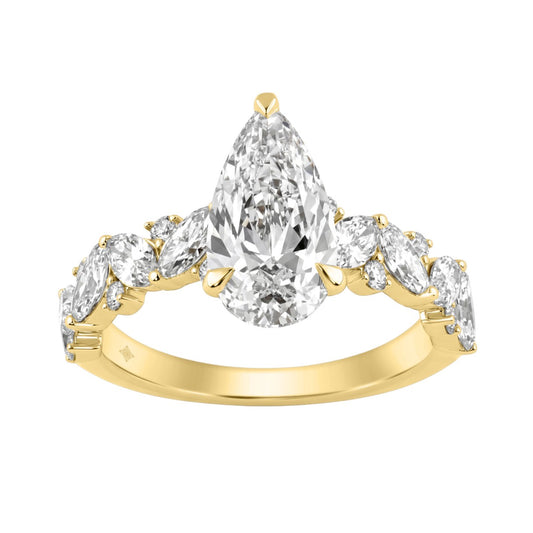 14K Yellow Gold 3.00 Ct Diamond Halo Engagement Ring For Women Elongated 2Ct Pear Cut Center Stone With Round &amp; Marquise Side Stones, Luxury Bridal Ring (Color F-G -Clarity Vs1/Vs2)